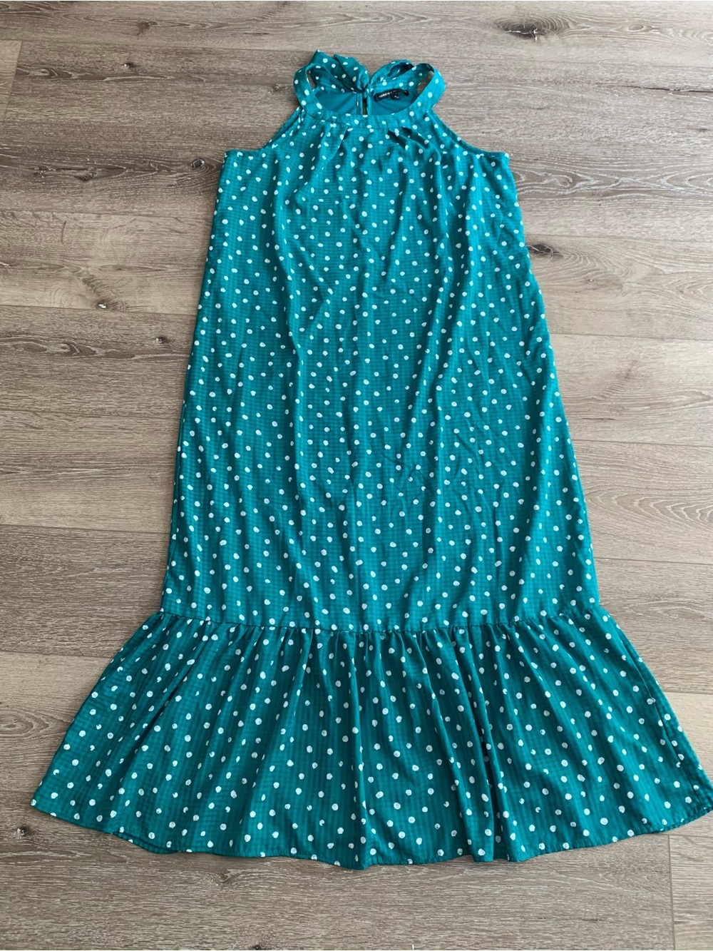 Adrienne Vittadini Teal Polka Dot Maxi Skirt with Ruffle Hem